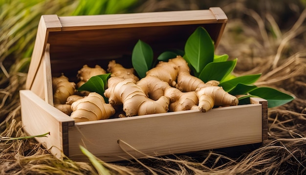 Photo une boîte en bois avec des champignons et une boîte avec des feuilles.