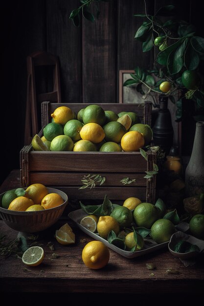 Photo une boîte en bois de citrons et de limes est posée sur une table.