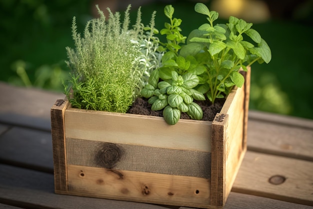 Boîte en bois avec diverses herbes vertes fraîches poussant à l'extérieur dans le jardin généré par l'IA