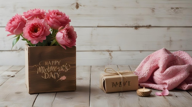 Photo une boite en bois avec des fleurs roses et une boîte en bois avec une carte d'anniversaire