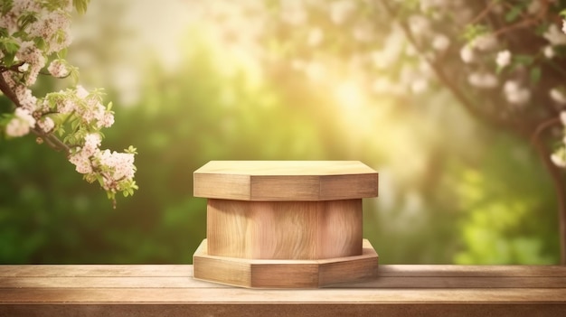 Boîte en bois avec des fleurs sur une table en bois