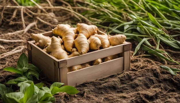 Photo une boîte en bois de légumes à base de gingembre dans le sol