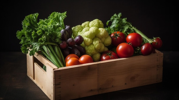 Une boîte en bois avec des légumes dessus