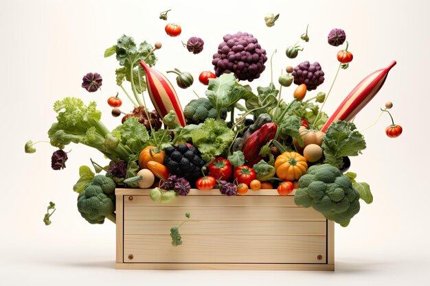 Boîte en bois avec des légumes volants isolés sur fond blanc