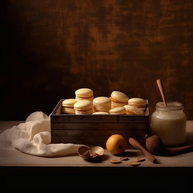 Une boîte en bois de macarons se trouve à côté d'un pot de lait.