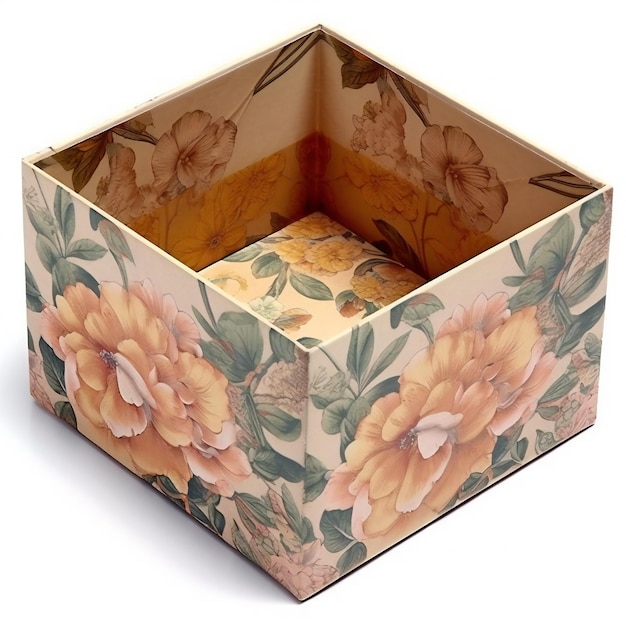 Boîte en bois avec motif floral sur fond blanc