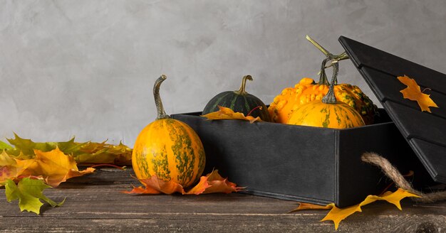 Boîte en bois noire avec des citrouilles oranges sur une table en bois avec des feuilles d'érable.