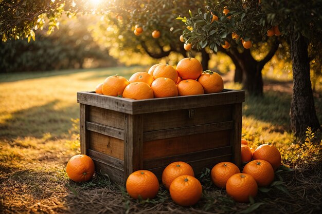 Boîte en bois avec des oranges dans le jardin