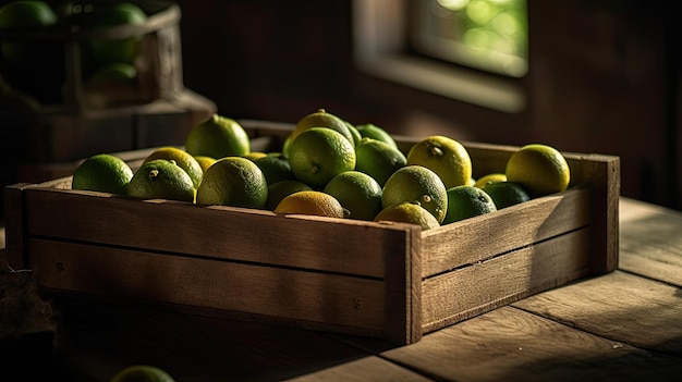 Une boîte en bois avec des oranges dedans