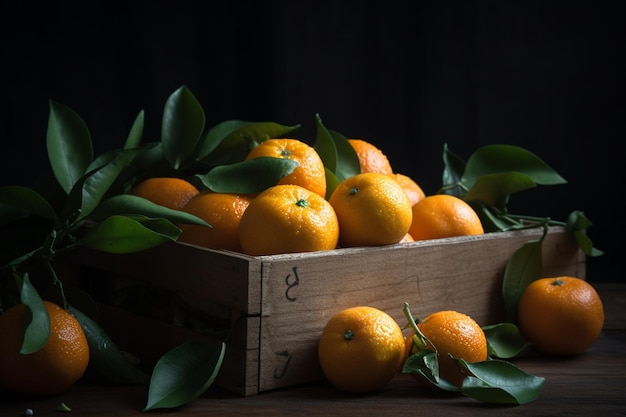 Une boîte en bois d'oranges avec des feuilles sur le dessus