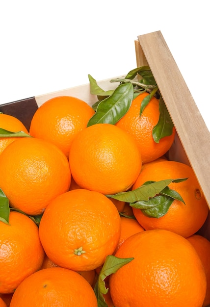 Boîte en bois d'oranges valenciennes sur fond blanc