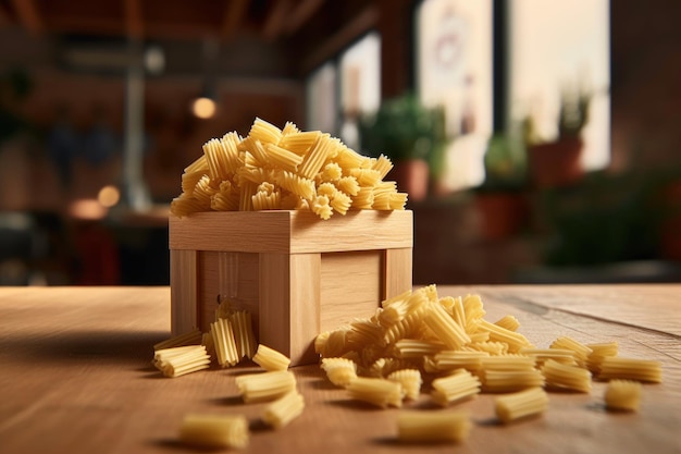 Une boîte en bois de pâtes est posée sur une table avec une fenêtre en arrière-plan.