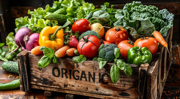 Une boîte en bois portant l'étiquette ORGANIC avec une sélection de légumes biologiques fraîchement cueillis