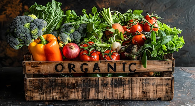 Une boîte en bois portant l'étiquette ORGANIC avec une sélection de légumes biologiques fraîchement cueillis