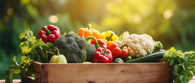 une boîte en bois remplie de nombreux types de légumes différents