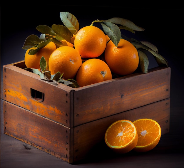 Boîte en bois remplie d'oranges vendant des fruits