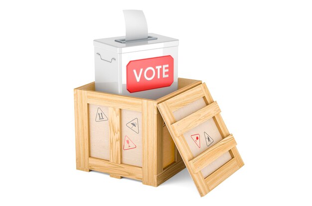 Photo boîte en bois avec un rendu 3d de l'urne de vote isolé sur fond blanc