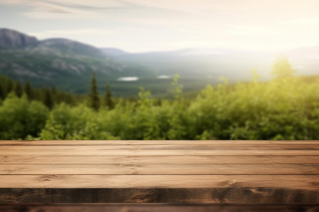 une boîte en bois avec une vue sur la montagne en arrière-plan.