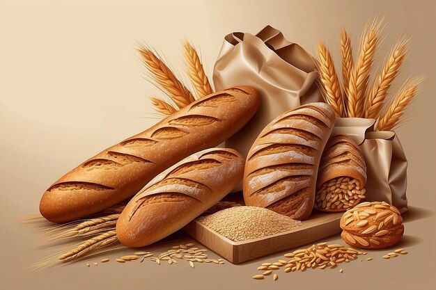 Boîte de boulangerie sans couture avec des grains de seigle de blé moulin à vent baguettes françaises risquées dans un sac d'artisanat tranchées en tranches