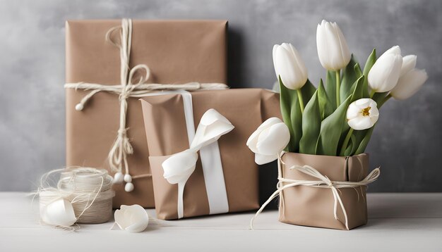 Photo une boîte avec un bouquet de tulipes et une boite de tulipes