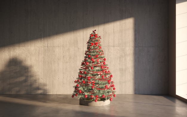 Boîte-cadeau d'arbre de Noël de pièce intérieure de concept de Noël dans l'intérieur de pièce blanche avec le plancher en bois