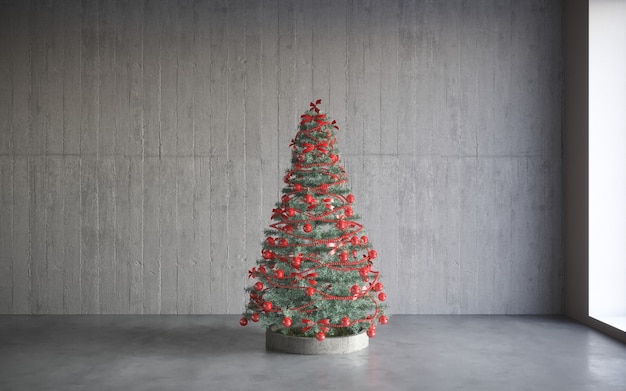 Boîte-cadeau d'arbre de Noël de pièce intérieure de concept de Noël dans l'intérieur de pièce blanche avec le plancher en bois