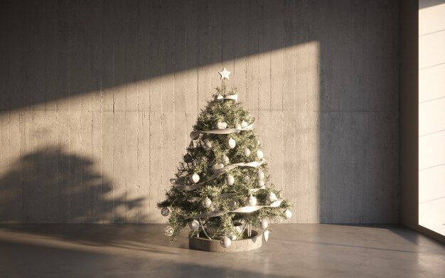 Boîte-cadeau d'arbre de Noël de pièce intérieure de concept de Noël dans l'intérieur de pièce blanche avec le plancher en bois