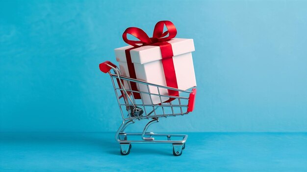 Boîte cadeau blanche dans un panier d'achat sur fond bleu