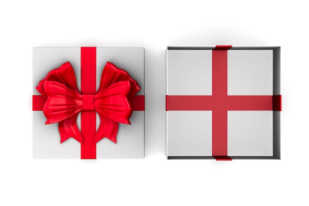 Boîte cadeau blanche ouverte avec noeud rouge sur blanc.
