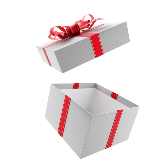 Photo boîte cadeau blanche ouverte avec noeud rouge et rubans. rendu 3d.