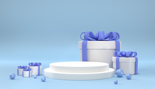 Boîte cadeau blanche de rendu 3D avec arbre de Noël sur fond bleu