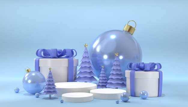 Boîte cadeau blanche de rendu 3D avec arbre de Noël sur fond bleu