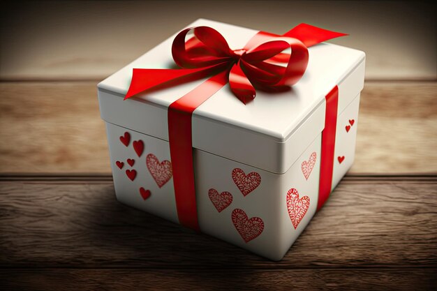 Une boîte-cadeau blanche avec un ruban arc rouge et des coeurs sur une générative en bois ai