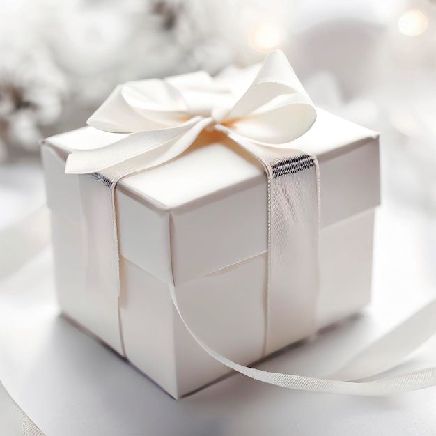 Boîte cadeau blanche avec ruban sur fond blanc à thème de Noël