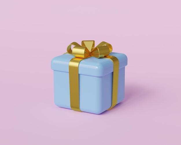 Boîte cadeau bleue avec un nœud doré sur fond rose illustration de rendu 3D