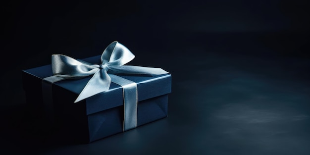 Photo boîte cadeau bleue avec un nœud de ruban sur une table boîte-cadeau bleu foncé élégante sur fond noir