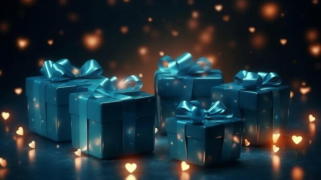 Boîte cadeau bleue avec un ruban doré et un fond étincelant d'amour