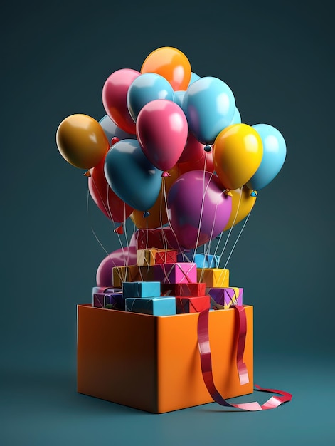 Une boîte cadeau avec un bouquet de ballons attachés dessus