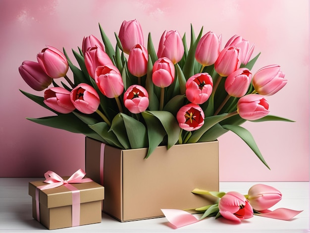 Boîte cadeau avec un bouquet de tulipes roses modèle de carte postale Joyeuse fête des mères internationale des femmes