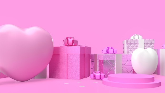 La boîte-cadeau et le coeur pour le rendu 3d du concept de la Saint-Valentin