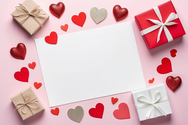 Boîte cadeau de cœur de Saint-Valentin et espace blanc pour votre texte sur la carte de vœux sur fond de papier Vue supérieure avec espace de copie