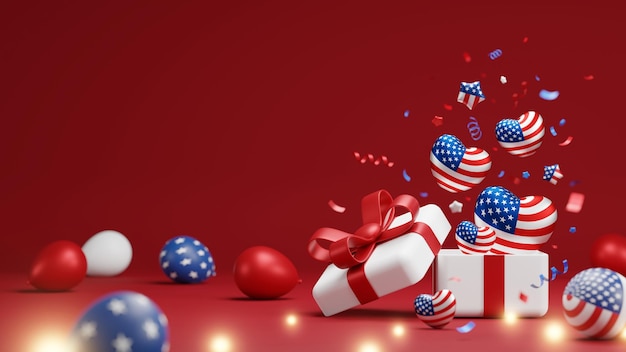 Boîte-cadeau et coeurs et ballons américains avec des confettis sur fond rouge Mémorial de l'indépendance et bannière de vente de la fête du travail rendu 3D