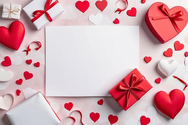 Une boîte cadeau avec des cœurs de Saint-Valentin et un espace blanc pour votre texte sur la carte de vœux sur fond de papier.