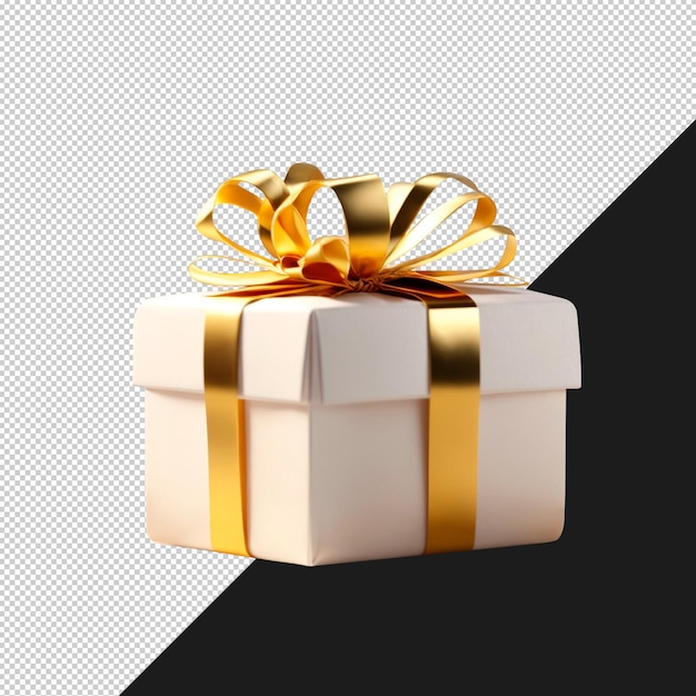 Boîte cadeau décorative 3d enveloppée d'un ruban doré sur fond transparent