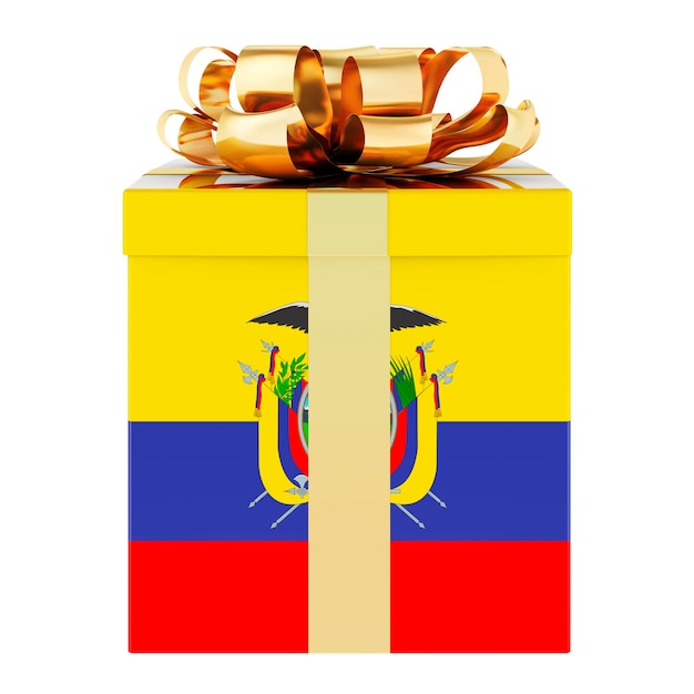 Boîte cadeau avec drapeau équatorien vacances en Équateur concept rendu 3D isolé sur fond blanc