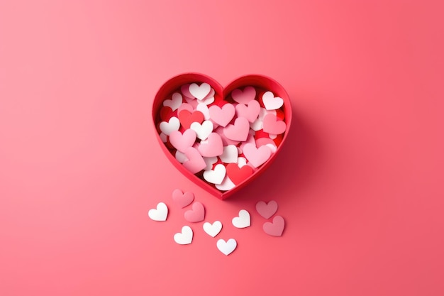 Boîte cadeau en forme de cœur avec de petits cœurs sur espace de copie rose pour le fond de la carte de vœux de la Saint-Valentin