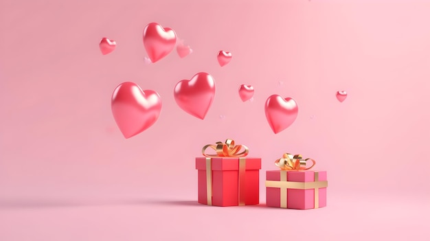 Boîte cadeau joyeux jour de la Saint-Valentin avec des décorations de coeurs sur fond rose avec espace de copie