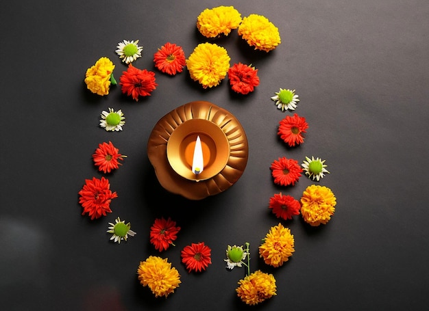Photo boîte cadeau de lampe diwali et rangée de lampe à huile flowerdiwali sur fond sombre