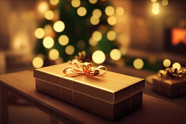 Boîte-cadeau de Noël avec boules et lumière de bokeh d'arbre sur fond illustration 3d