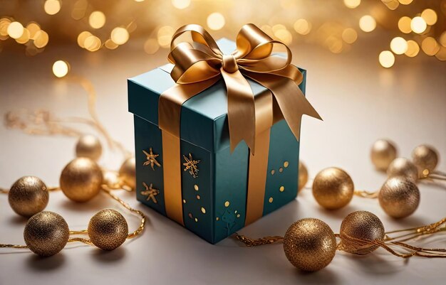 Boîte de cadeau de Noël avec un nœud doré et une décoration sur fond bokeh